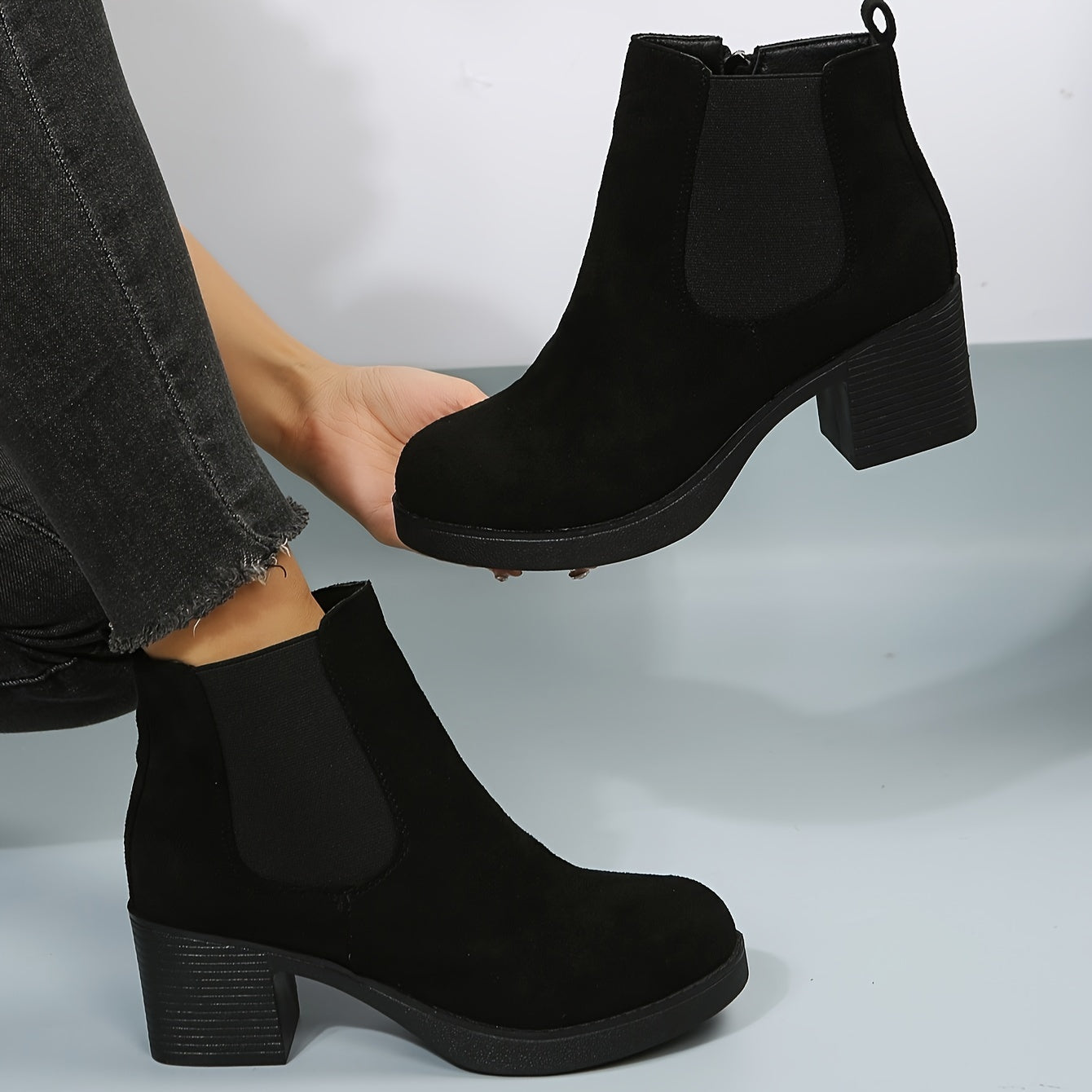 Women's Deer Chunky Heel Ankle Boots Black Non-Slip Warm Lined Short Boots