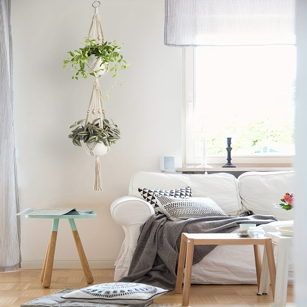 Macrame Double Plant Hanger Indoor Outdoor Cotton Bead 2 or 3 Tier 124.46cm 177.8cm