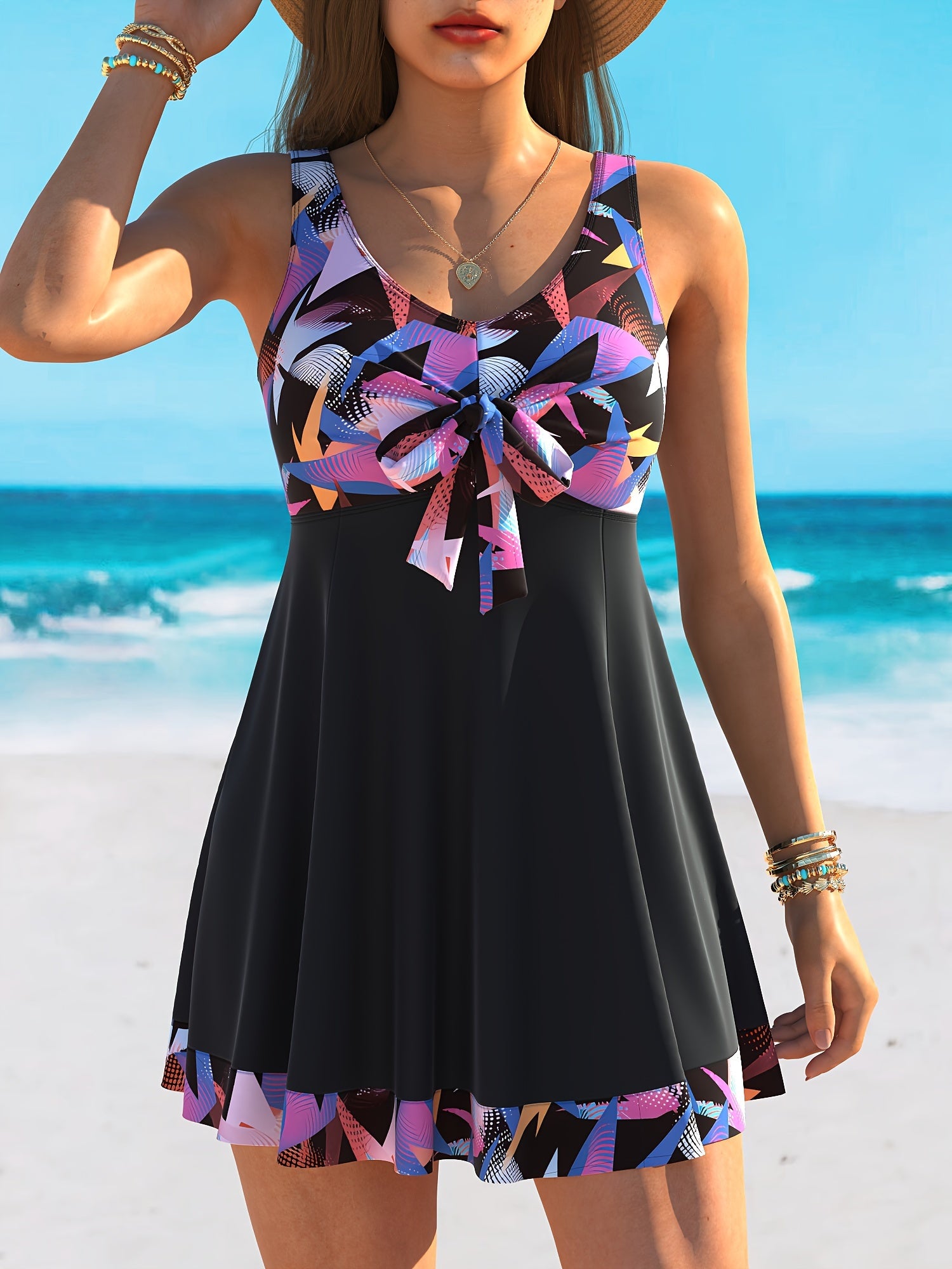 Women's Floral High Stretch Polyester Two-Piece Tankini Swimsuit