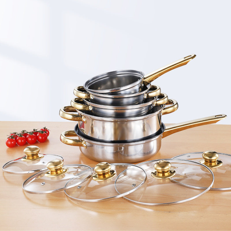 Stainless Steel Cookware Set 4/6 Pieces with Golden Handles Pots and Pans for All Stovetops