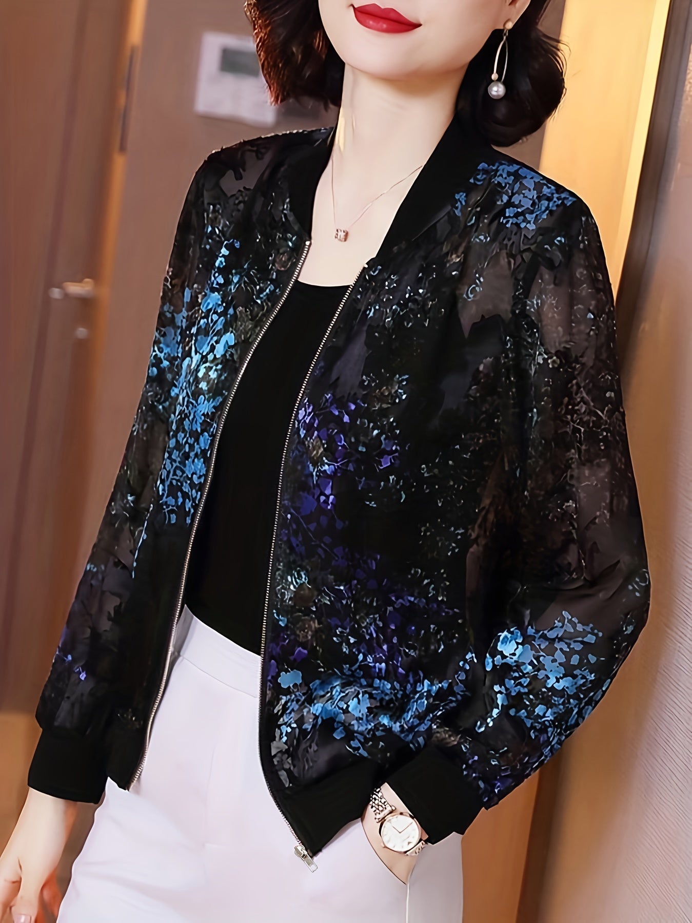 Women's Floral Print Zip-Up Lightweight Jacket for Spring and Summer