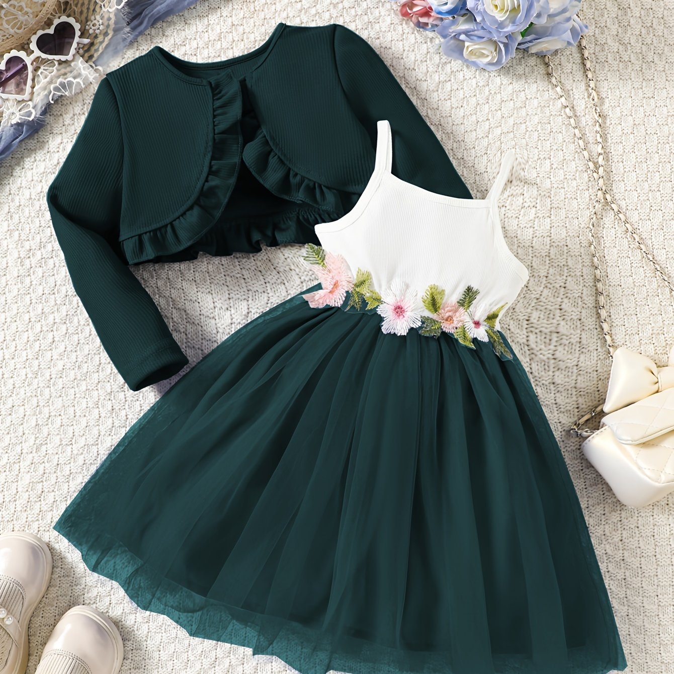 Girls Ruffle Cardigan and Embroidered Mesh Princess Dress Set for Spring Fall