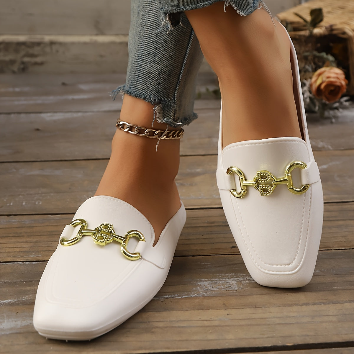 Women's Square Toe Slip-On Flats Breathable TPU Casual Shoes with Gold Chain