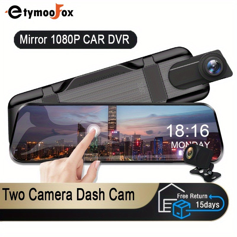 1080P Front and 720P Rear Camera Mirror Dash Cam Touch Screen Magnetic Mount Rechargeable Battery