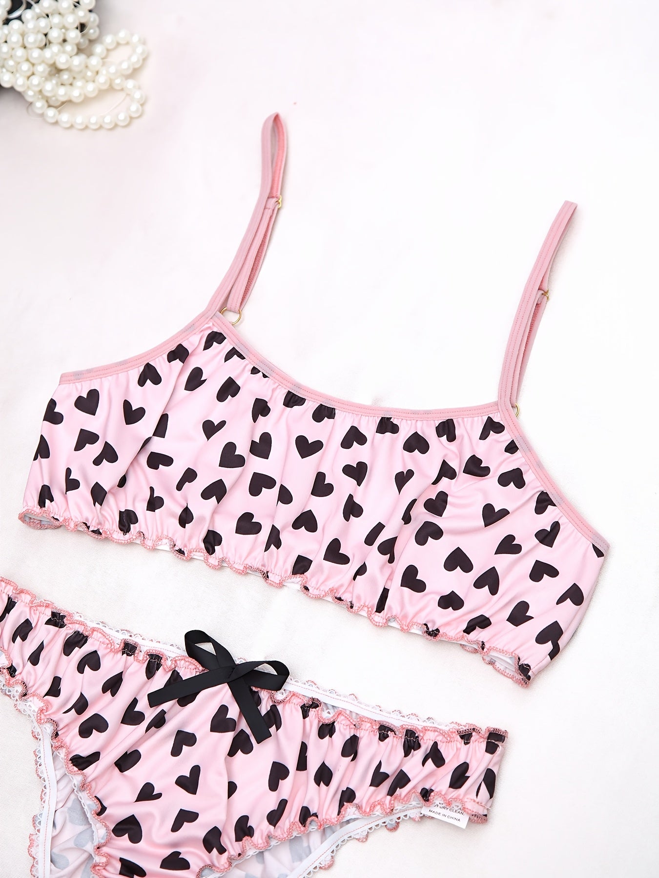 Women's Heart Pattern Lace Lingerie Set with Adjustable Straps