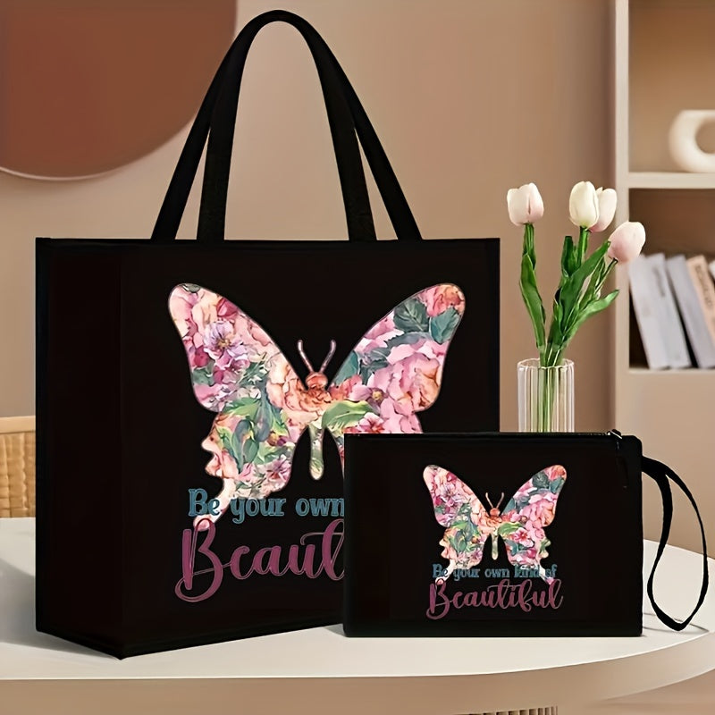 2-Piece Canvas Tote Bag and Wallet Set with Butterfly Floral Print Black