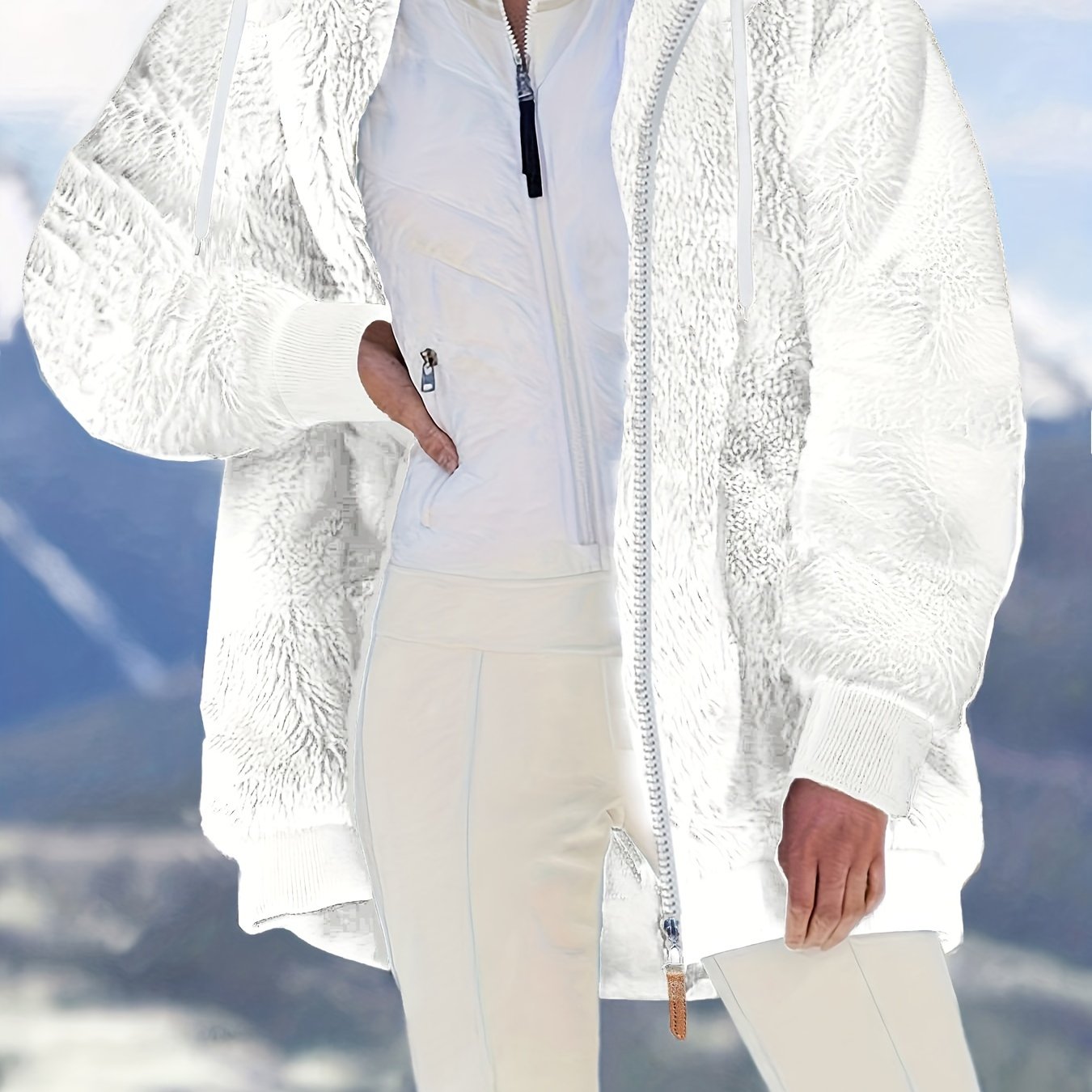 Women's Plus Size Fuzzy Hooded Coat with Pockets for Fall Winter Polyester Elegant