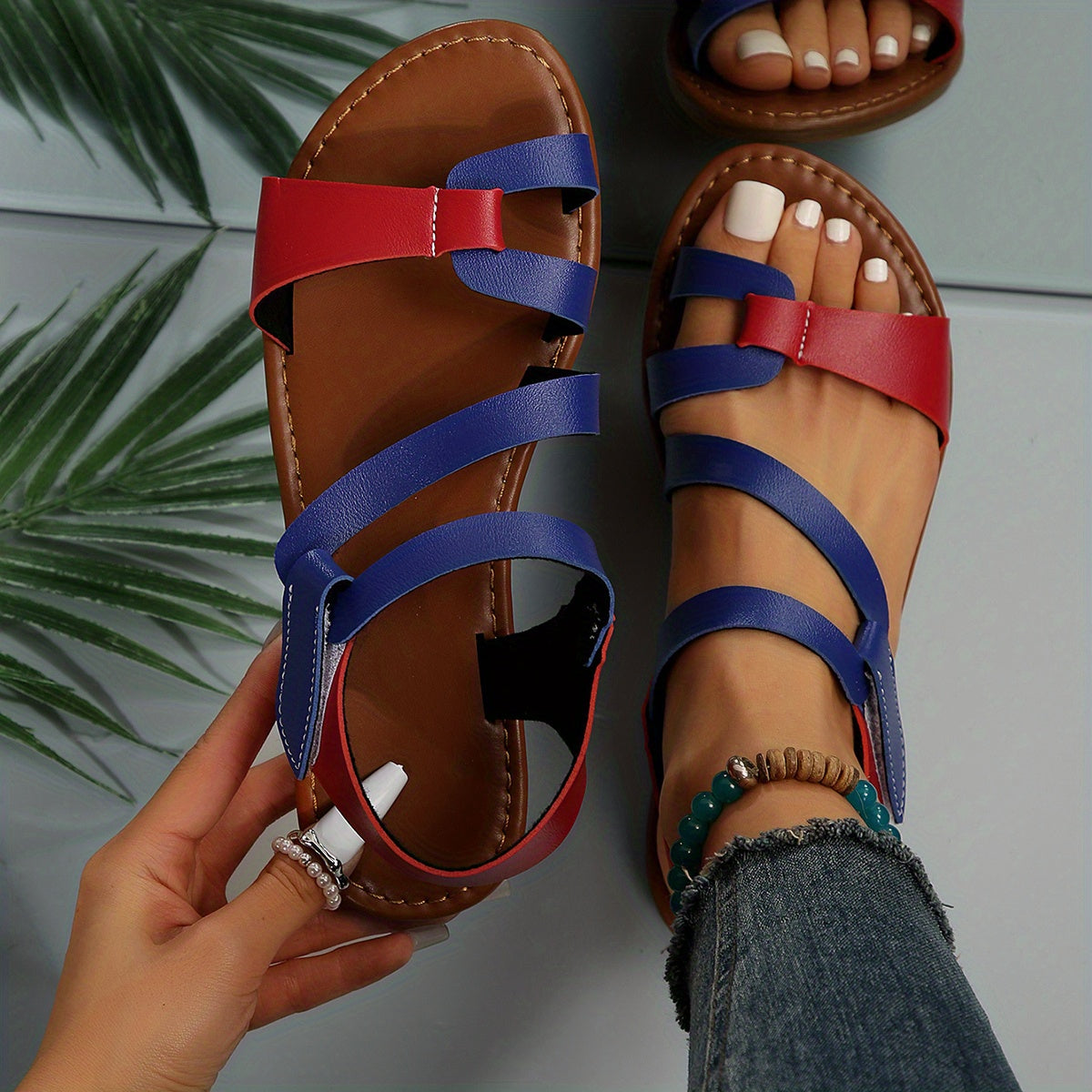 Women's Flat Sandals Contrast Color Open Toe Beach Summer Lightweight
