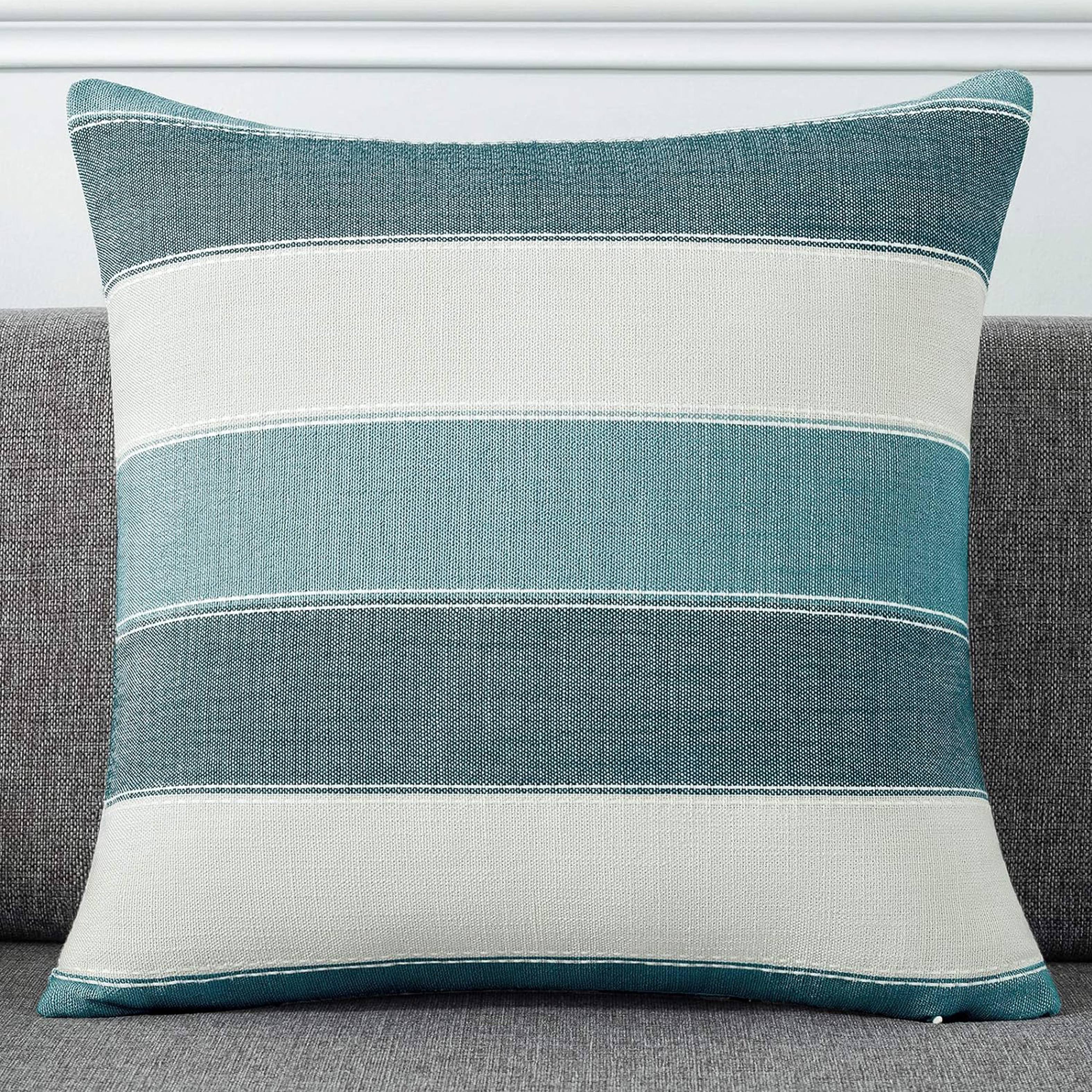 Set of 2 Teal Linen Pillowcases Farmhouse Striped Sofa Cushion Covers