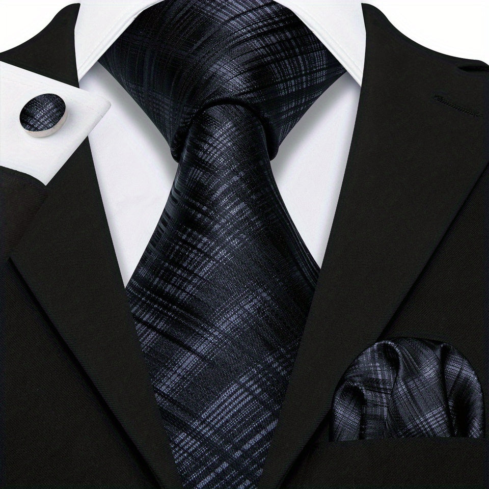Perfect Gift: Matching Black Plaid Jacquard Tie, Cufflinks, and Pocket Square Towel Set for Parties, Weddings, and Proms