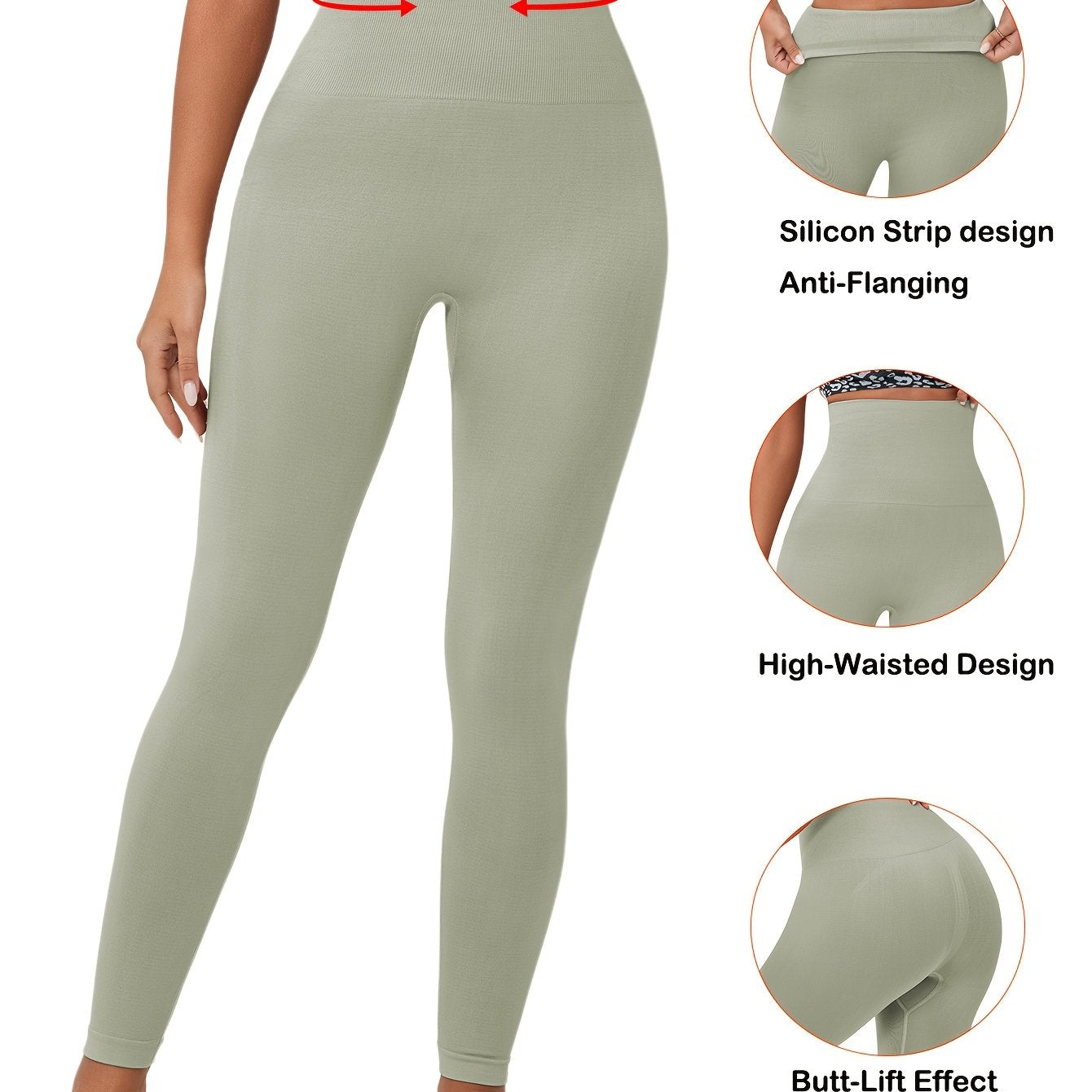 High-Waisted Yoga Pants Tummy Control Seamless Silicone Waistband Butt-Lift Solid Knit Fabric