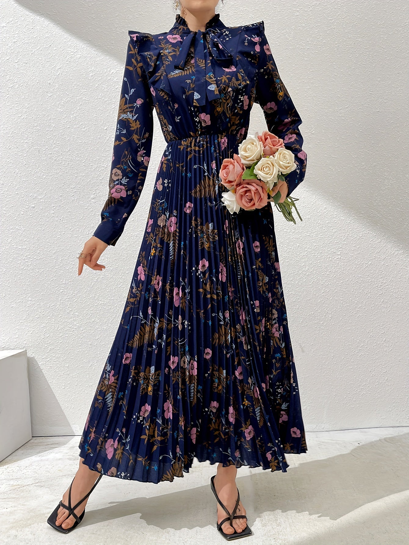 Floral Print Kaftan Dress with Tie Neck Ruffle Trim Long Sleeve Pleated Maxi for Women