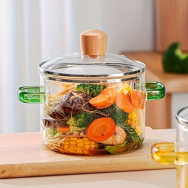Olla de vidrio de borosilicato de 52oz con asa verde, utensilio de cocina transparente resistente al calor para sopa, gachas, pasta, con tapa