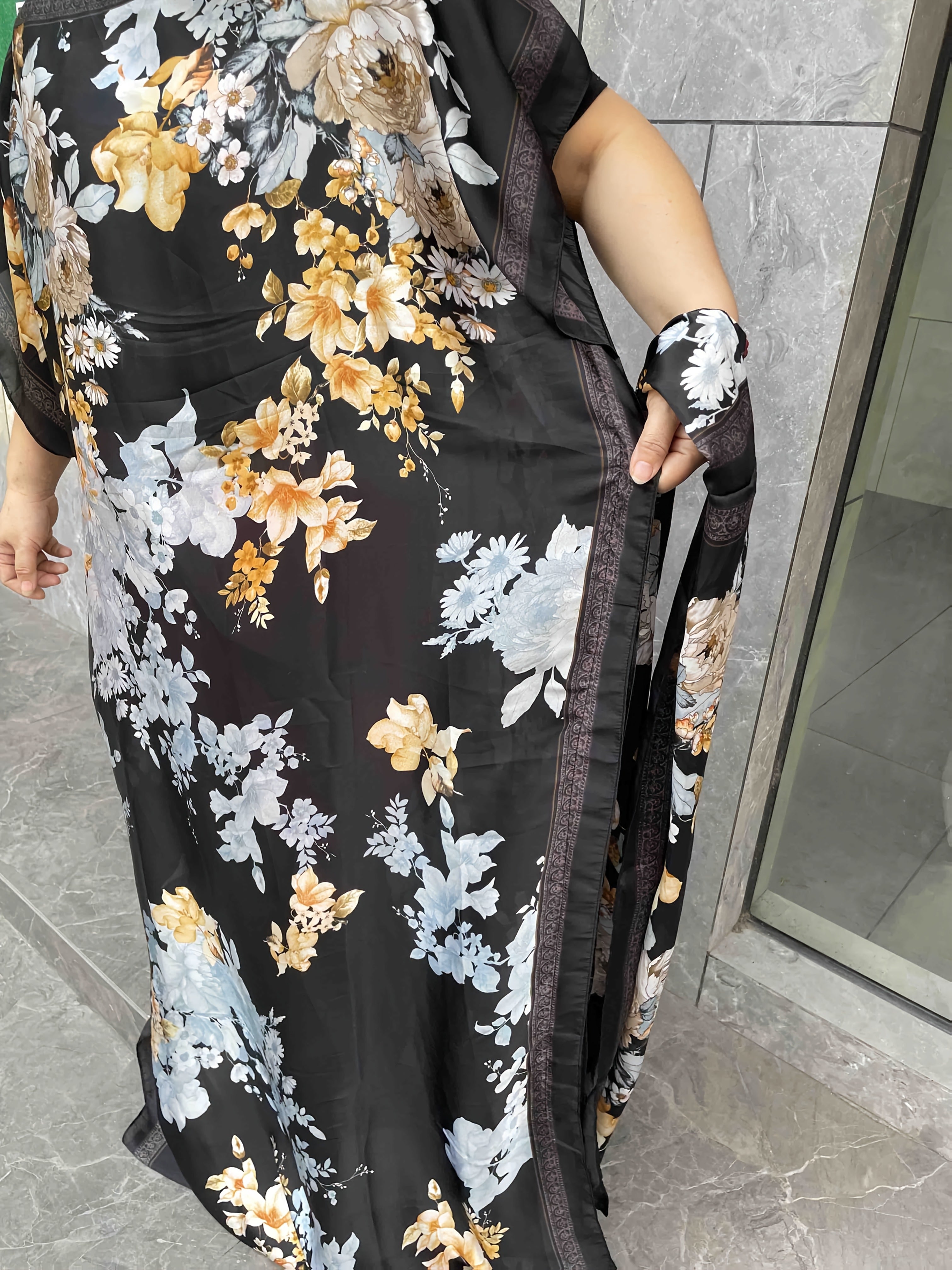 Women's Plus Size Floral Print Tunic Dress with Scarf Polyester Long Sleeve