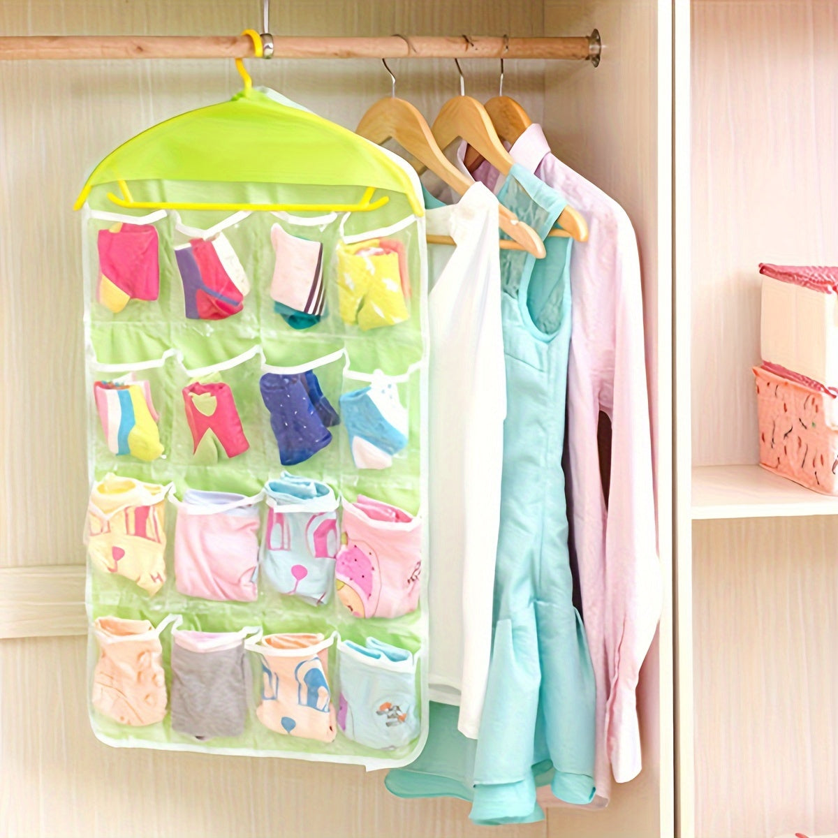 Vibrant 16-Pocket Hanging Organizer for Socks Underwear and Small Items Polyester Mesh