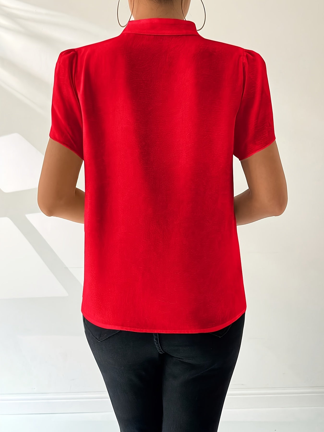 Women's White Breathable Polyester Blouse with Stand Collar and Ruffle Details