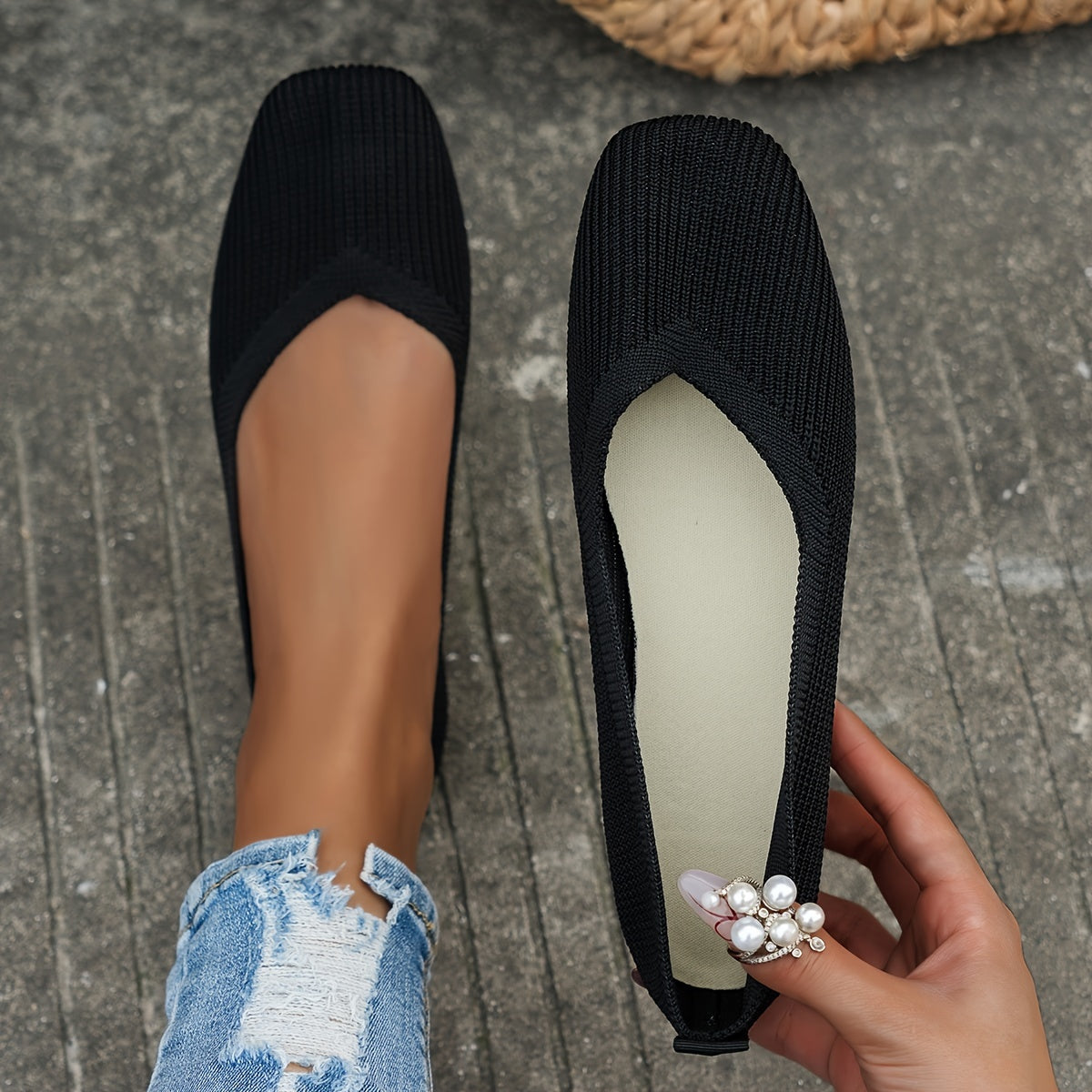 Women's Breathable Knit Slip-On Shoes Casual Square Toe Outdoor Lightweight Fabric