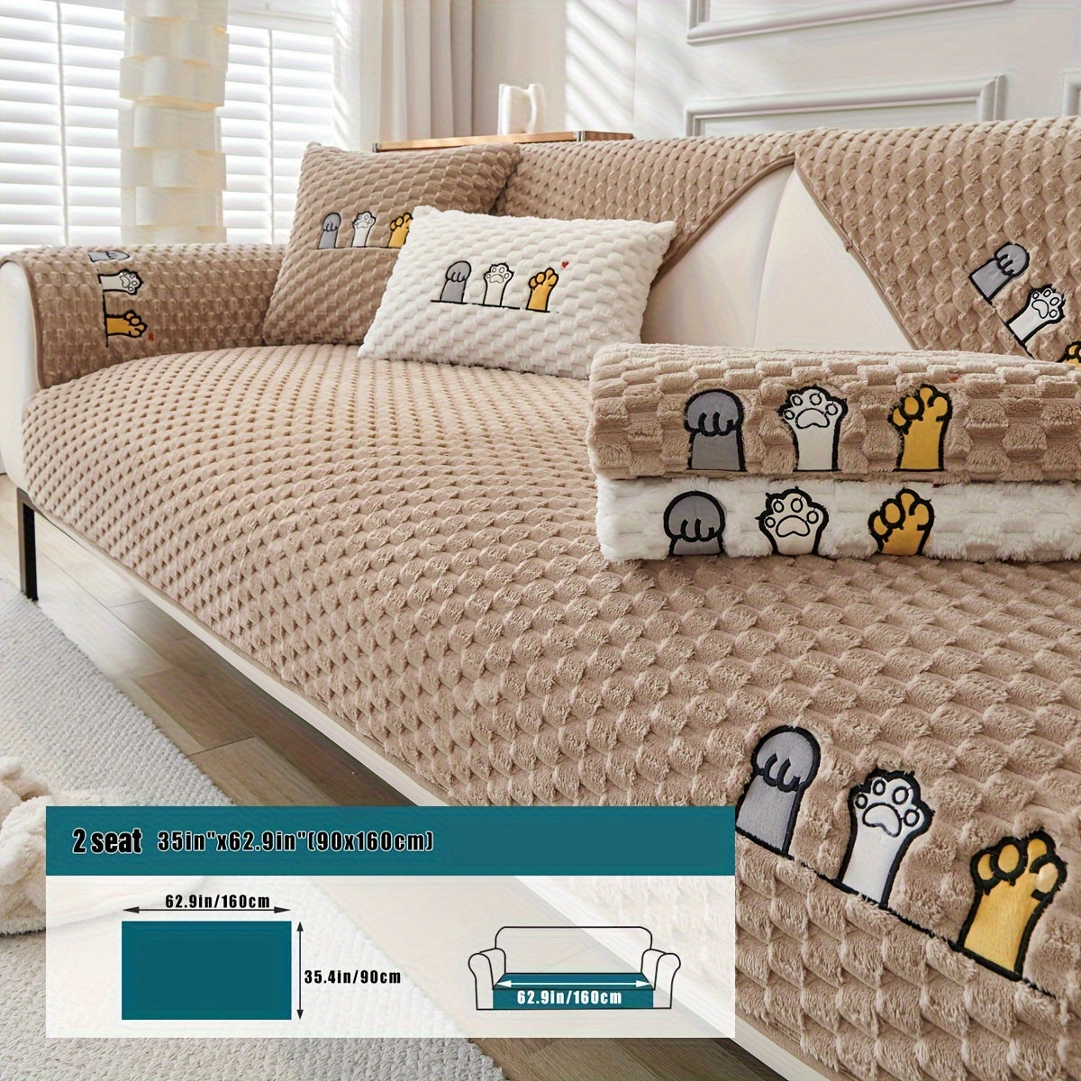 Funda de sofá de terciopelo con bordado de perro de dibujos animados, antideslizante, de felpa gruesa, protector de muebles