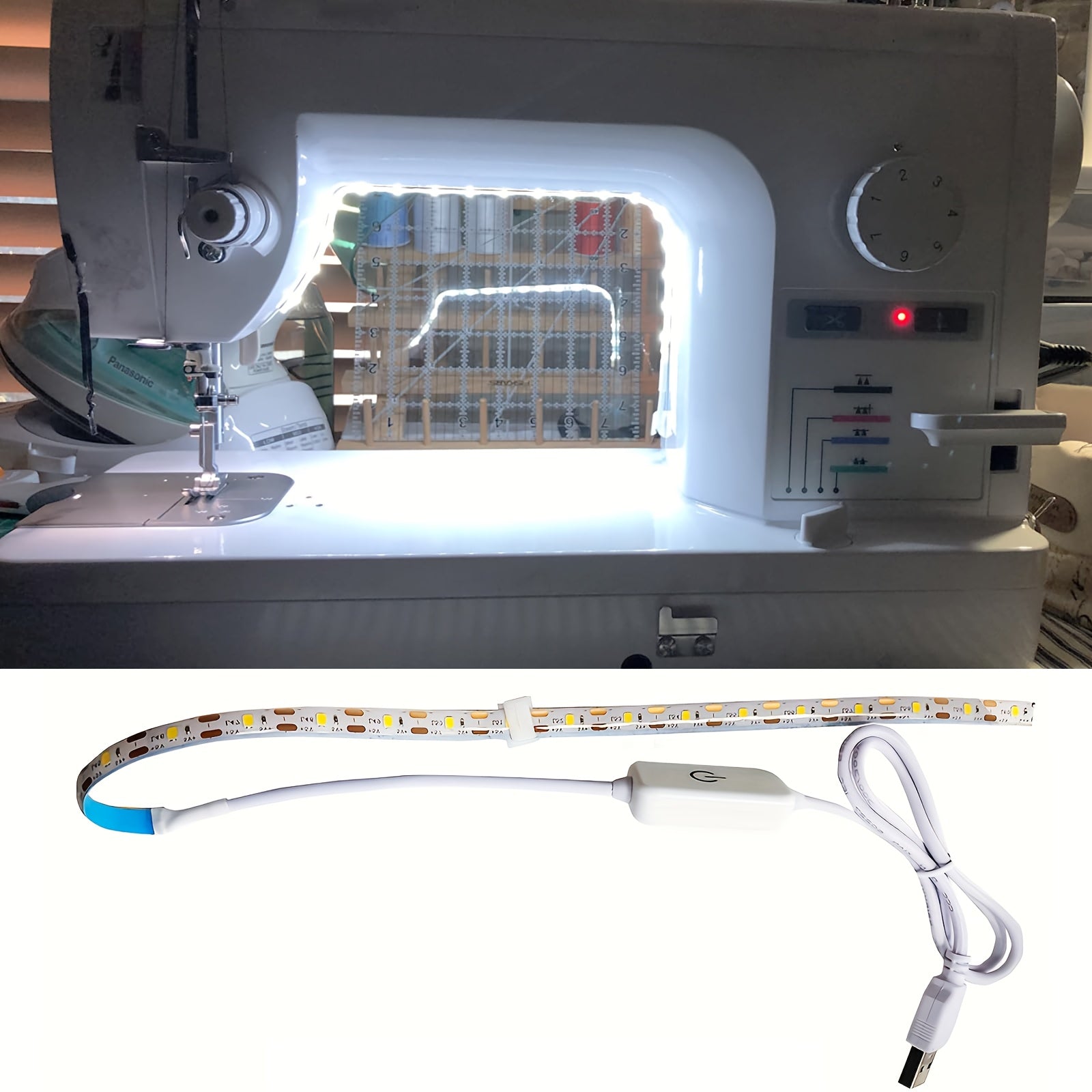 Светодиодная шнуровая лента для шитья с питанием от USB и сенсорным затемнением, энергоэффективный белый свет для стандартных машин, не требует батареек, гибкий пластиковый дизайн для улучшенной видимости при рукоделии.