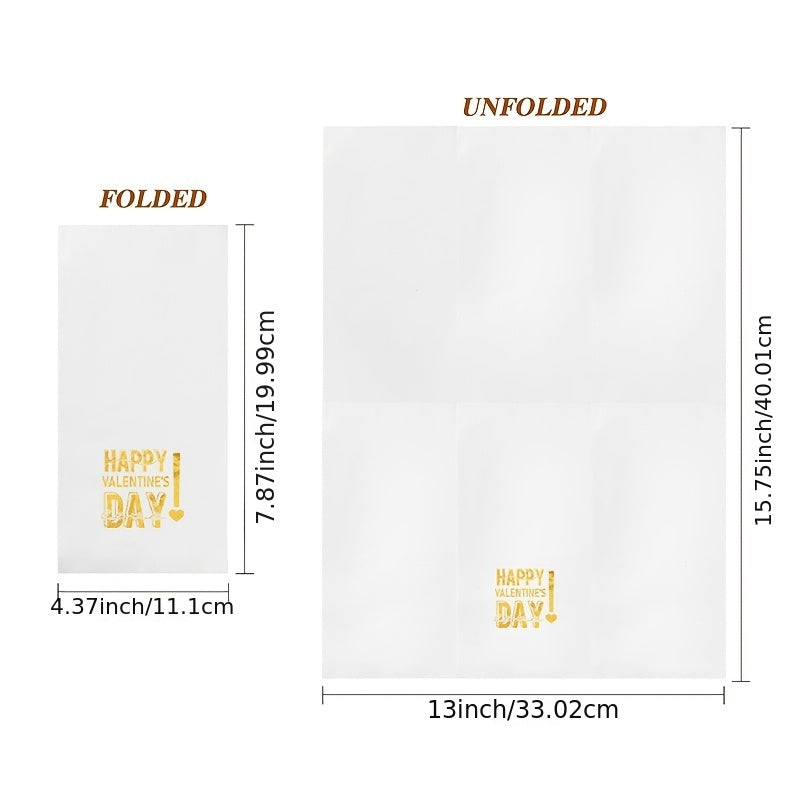 20 dona Sevgi kuni qog'oz servetkalar to'plami, oltin folga bosma dizayni bilan, to'y va yubiley tadbirlari uchun uch qismga egilgan uslubda.