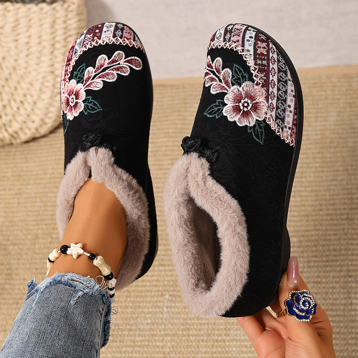 Women's Ankle Boots Winter Warm Anti-Slip Floral Short Shoes