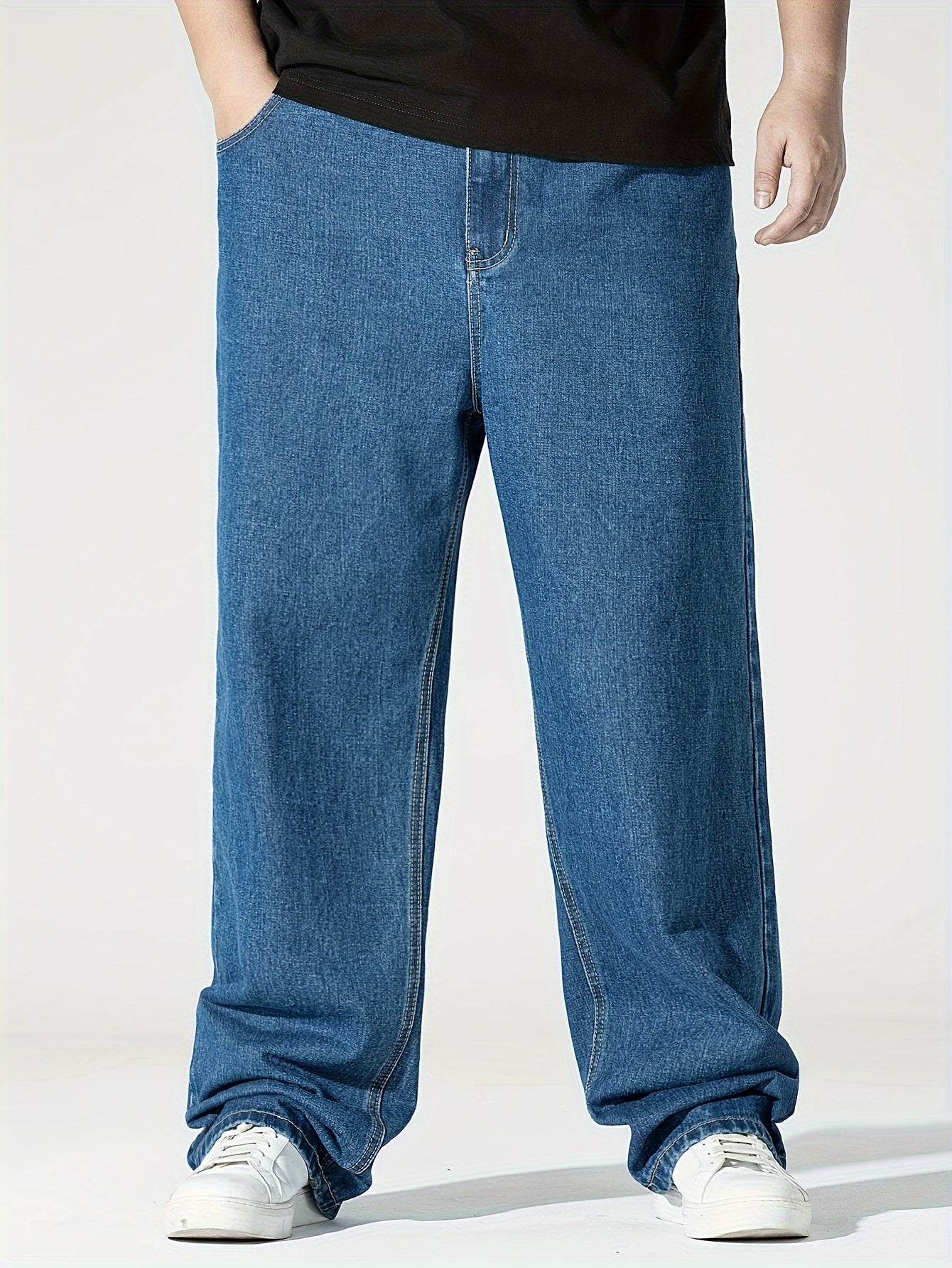 Men's Plus Size Elastic Waist Denim Jeans with Pockets Casual Woven Cotton Trousers