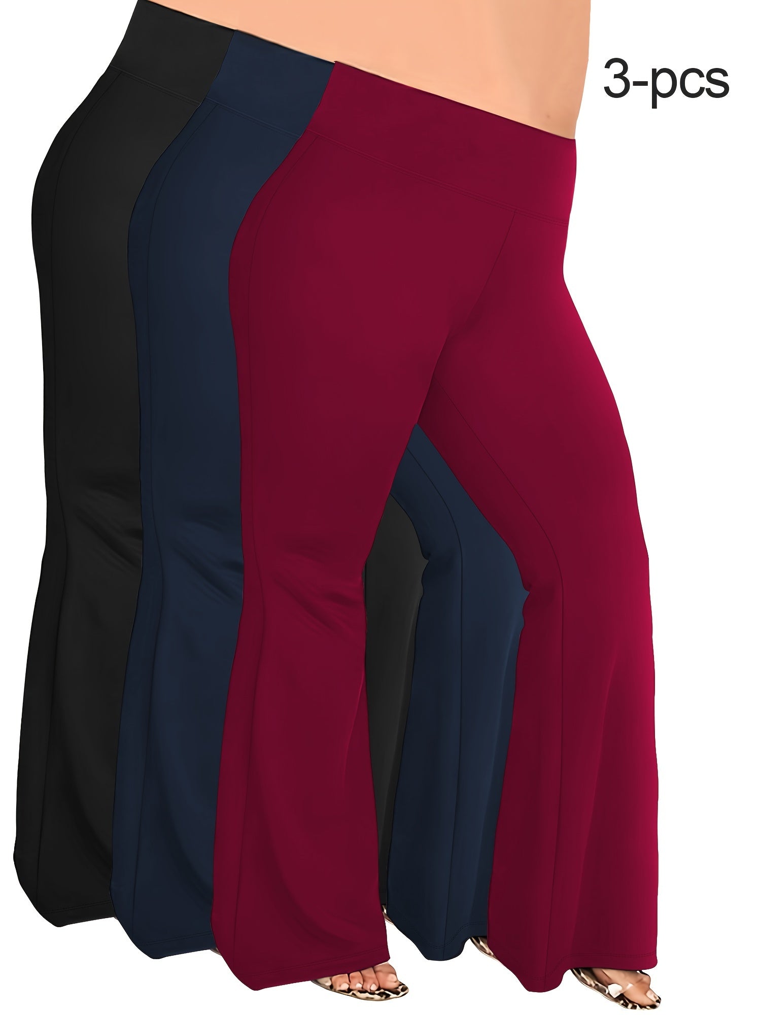 Women Stretchy High-Waist Flare Pants 3-Pack Tummy Control Black Red Navy