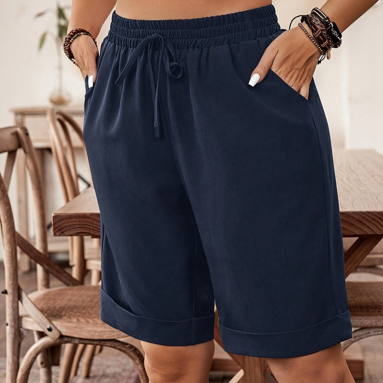 Ayollar uchun ko'k dengiz rangli keng bo'yinli dam olish shortlari, chiziqli bel, barcha mavsum uchun