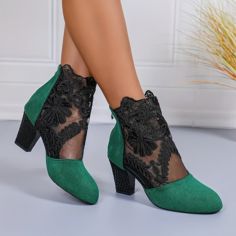 Women Ankle Boots Leather Floral Mid-Heel Non-Slip Zipper Emerald Green