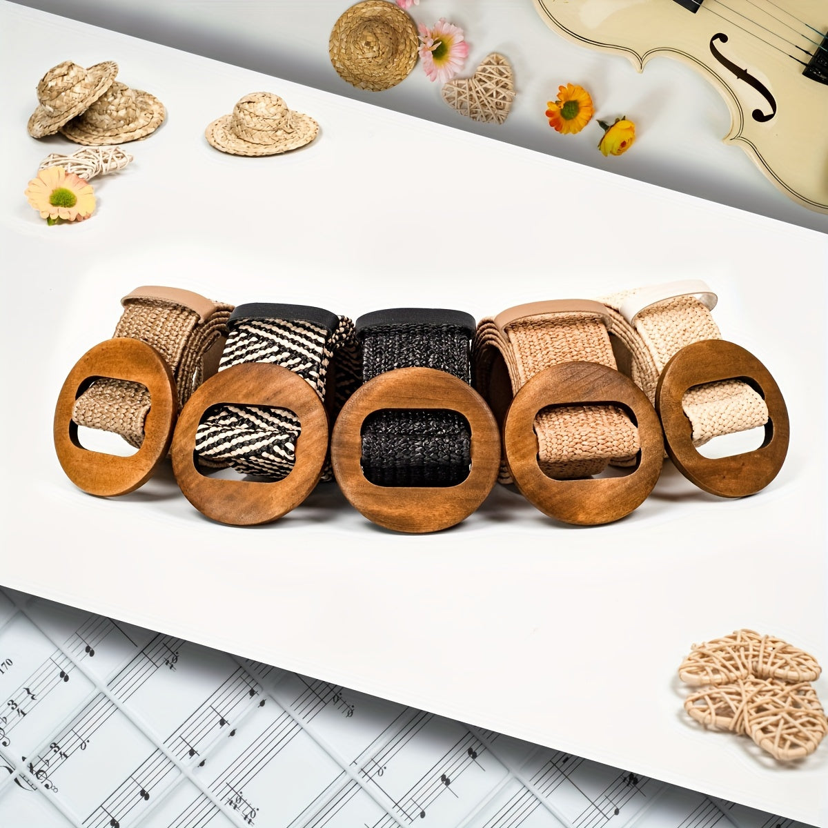 Women's Boho Wide Straw Belt with Wooden Buckle Elastic No-Hole Design for Casual and Formal Wear