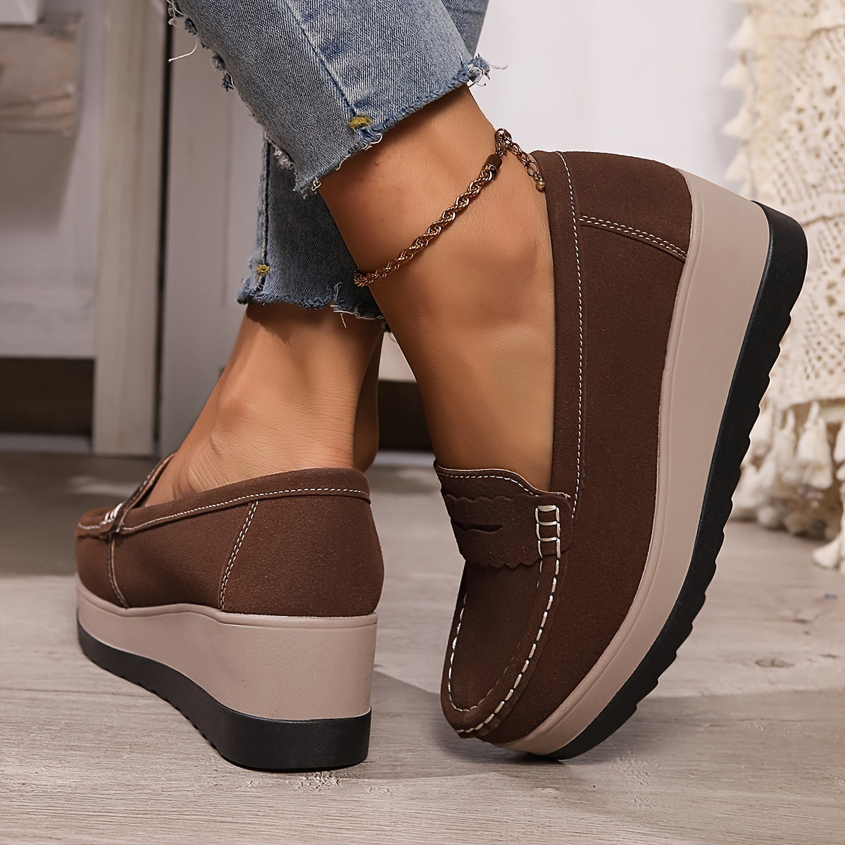 Women's Wedge Loafers Leather Slip-On Comfortable Elegant Casual