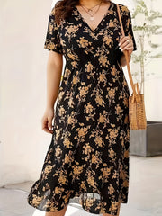 Blue Floral Midi Dress with Flutter Sleeves Surplice Neck for Women