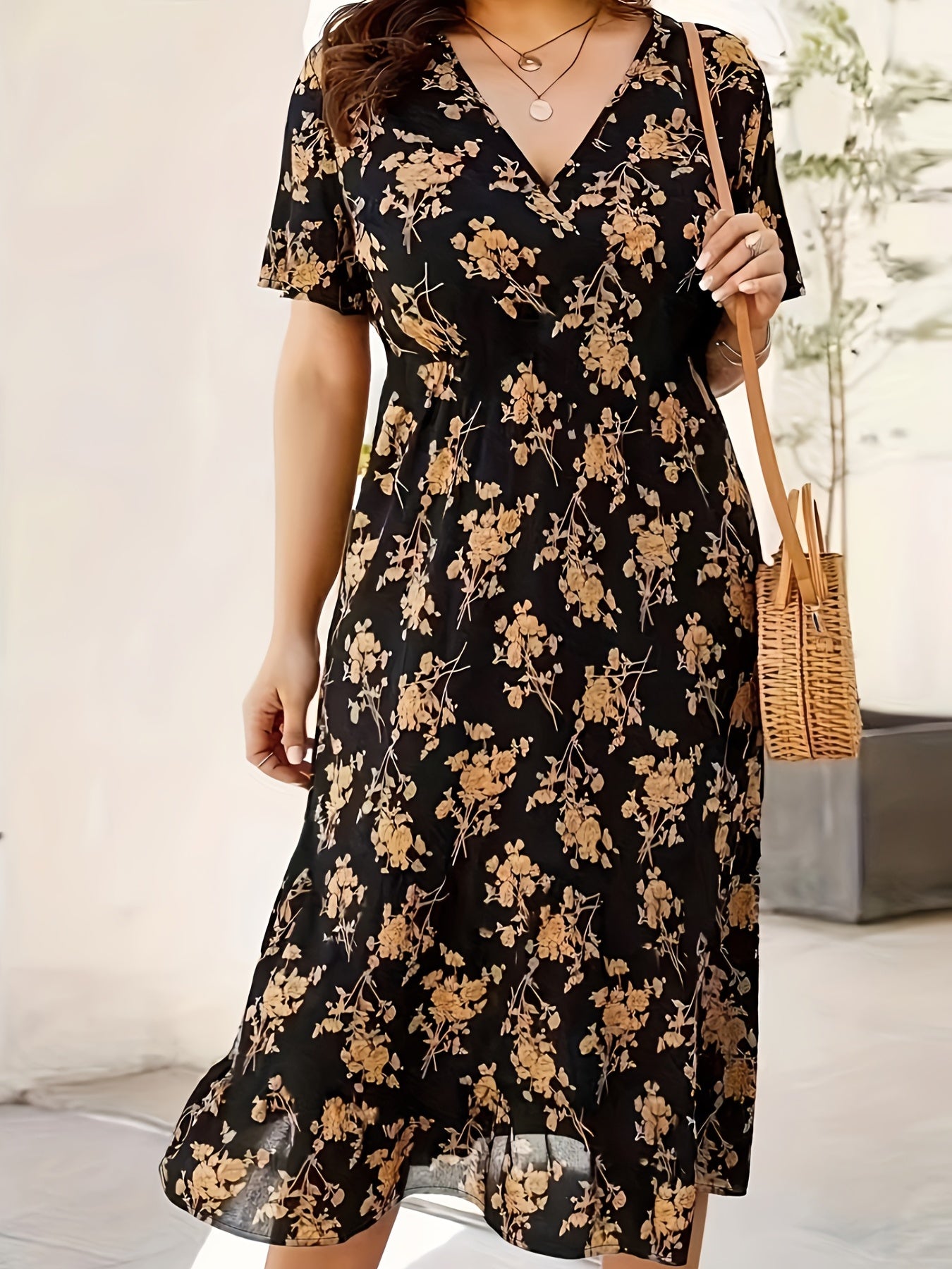 Blue Floral Midi Dress with Flutter Sleeves Surplice Neck for Women