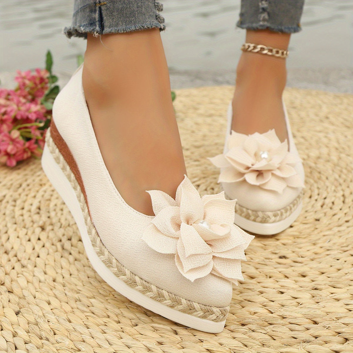 Women's Floral Embellished Pointed Toe Wedge Shoes with Cushioned Sole