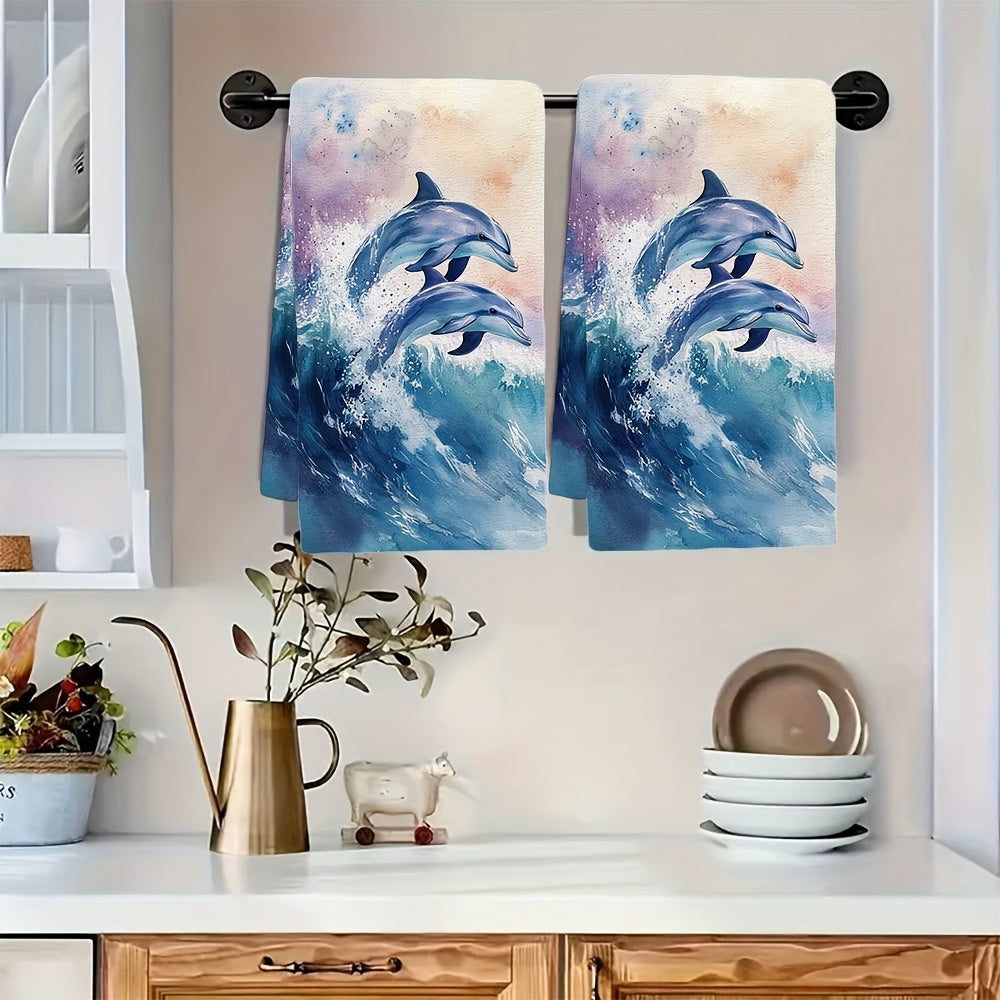 Two Pieces Kitchen Towels Dolphin Watercolor Design Absorbent Machine Washable