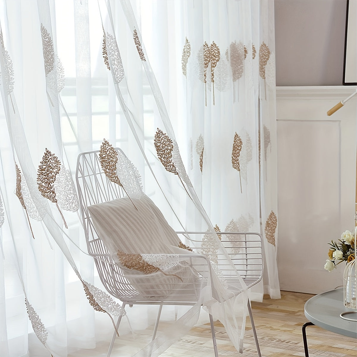 Elegant Tulle Curtain with Leaf Embroidery Translucent Rod Pocket for Living Room Bedroom