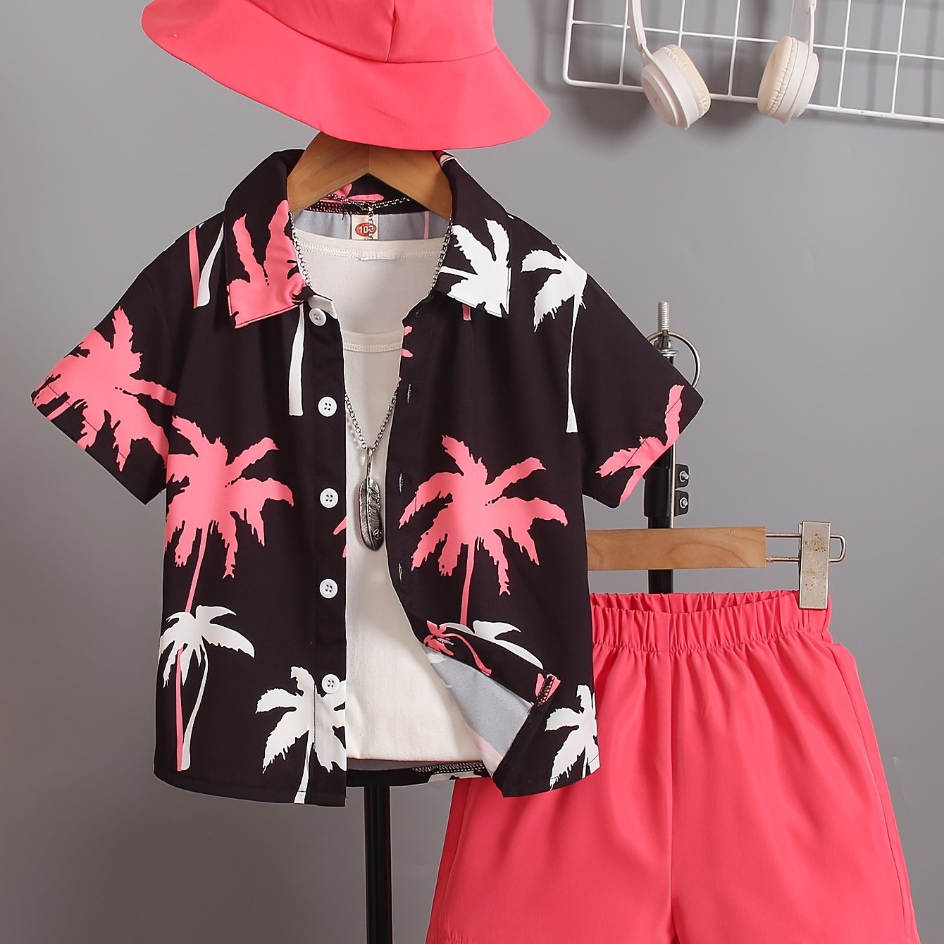 Boys Summer Clothing Set with Coconut Tree Graphic Shirt Shorts Hat for Kids