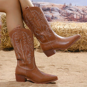 Women's Faux Leather Western Mid-Calf Boots with Baroque Embroidery