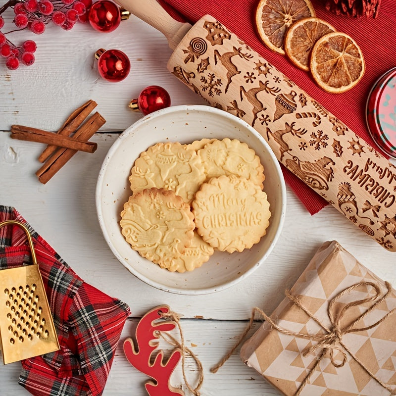 Festive Christmas Elk Print Wooden Rolling Pin Embossed and Laser Carved Kitchen Tool