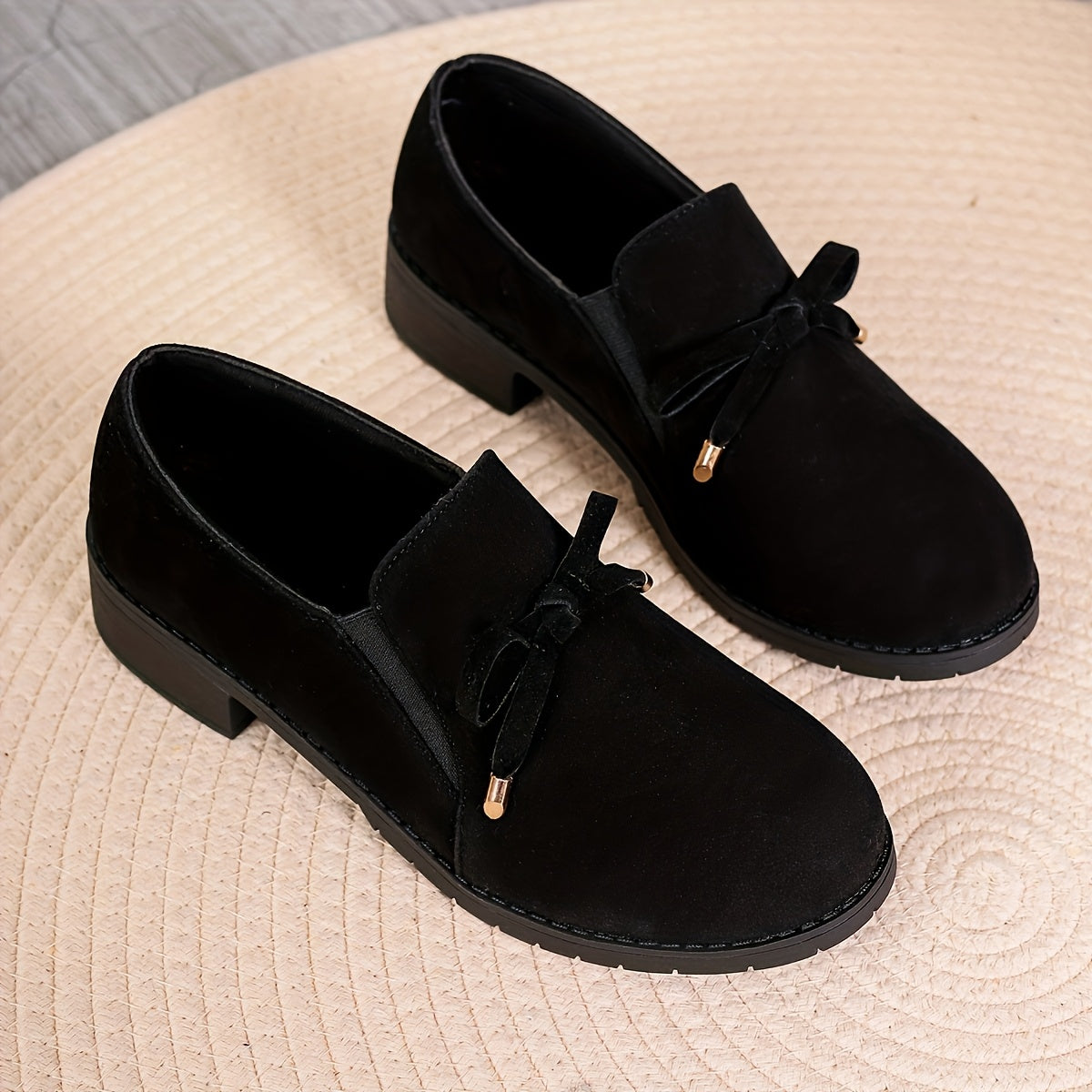 Women’s Black Fabric Bowknot Loafers Slip-On Casual Shoes All-Season