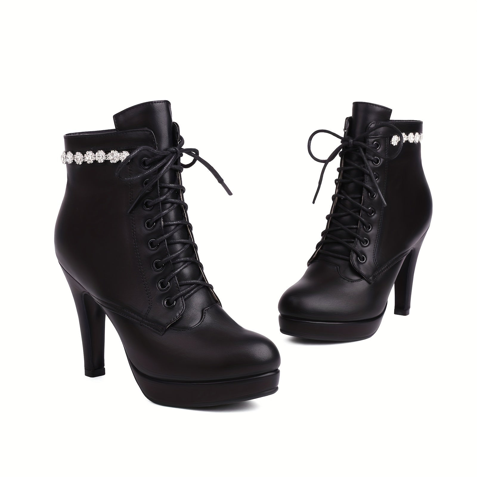 Women High Heel Booties with Lace-Up Closure Rhinestone Chain Winter Dress
