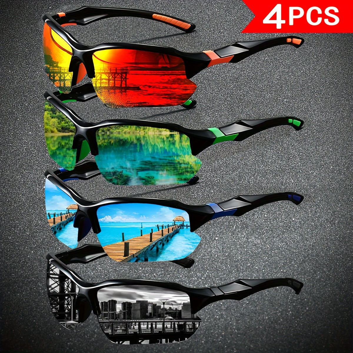 4-Pack Polarized Sports Sunglasses Men TAC Lens PC Frame Wide Fit for Fishing Running Casual