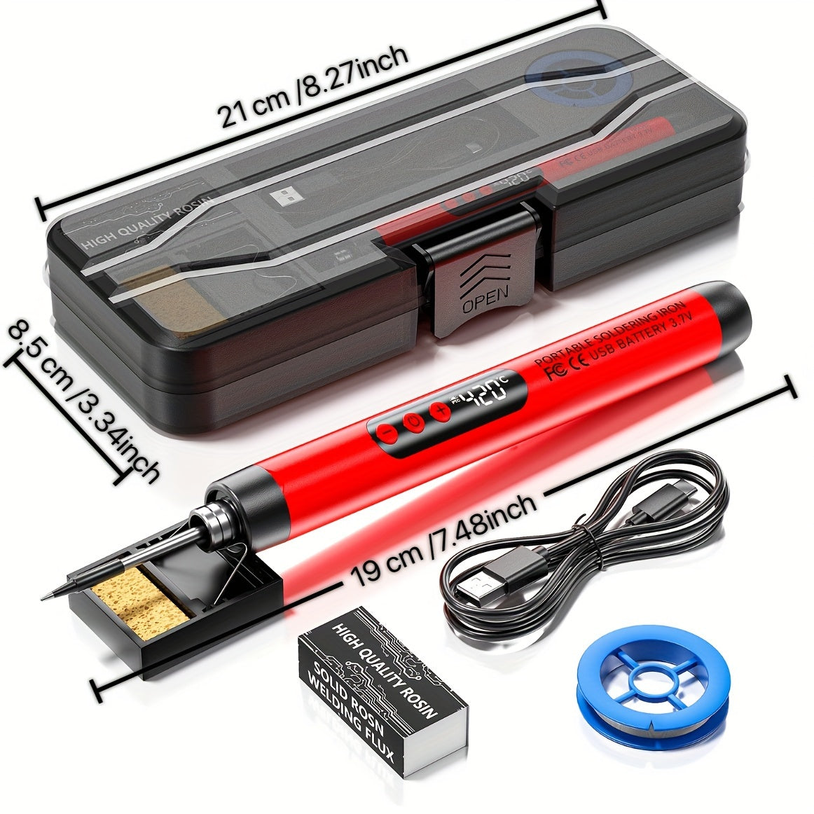 Portable USB Soldering Iron with Adjustable Temperature LCD Display Rechargeable Battery and Storage Box Red