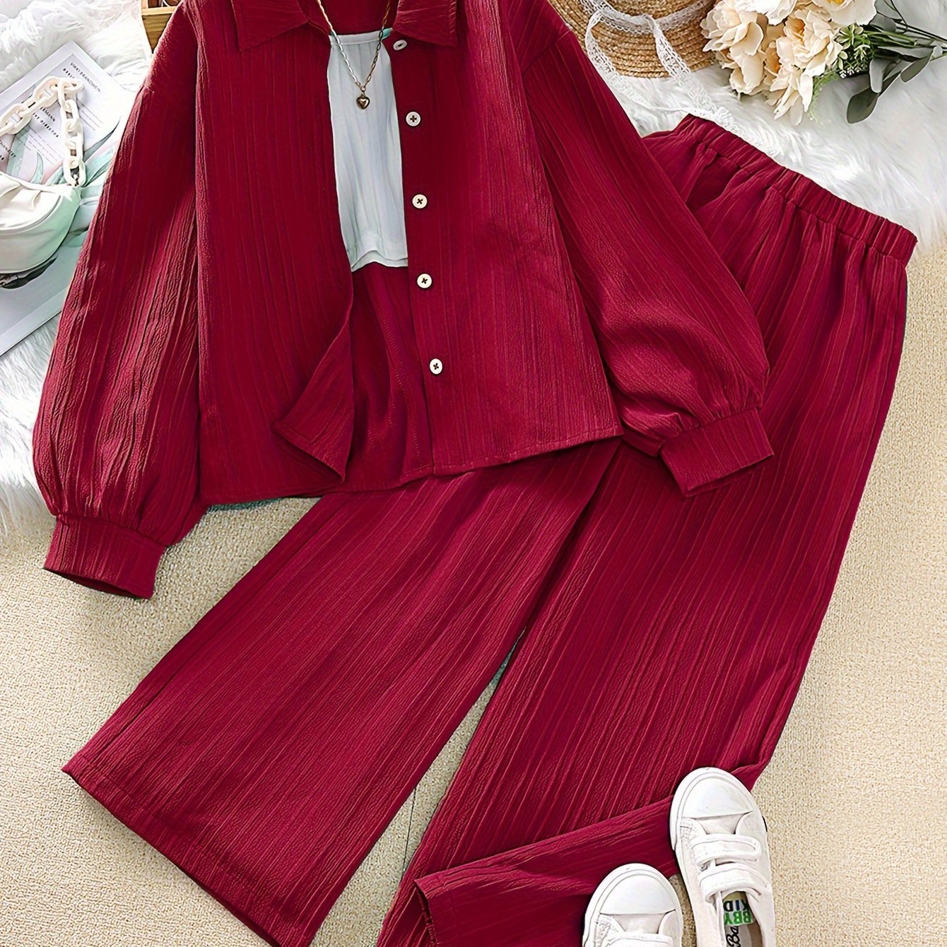 Girls' Clothing Set for 8-12 Years Long Sleeve Solid Color Korean Style Casual Outfit