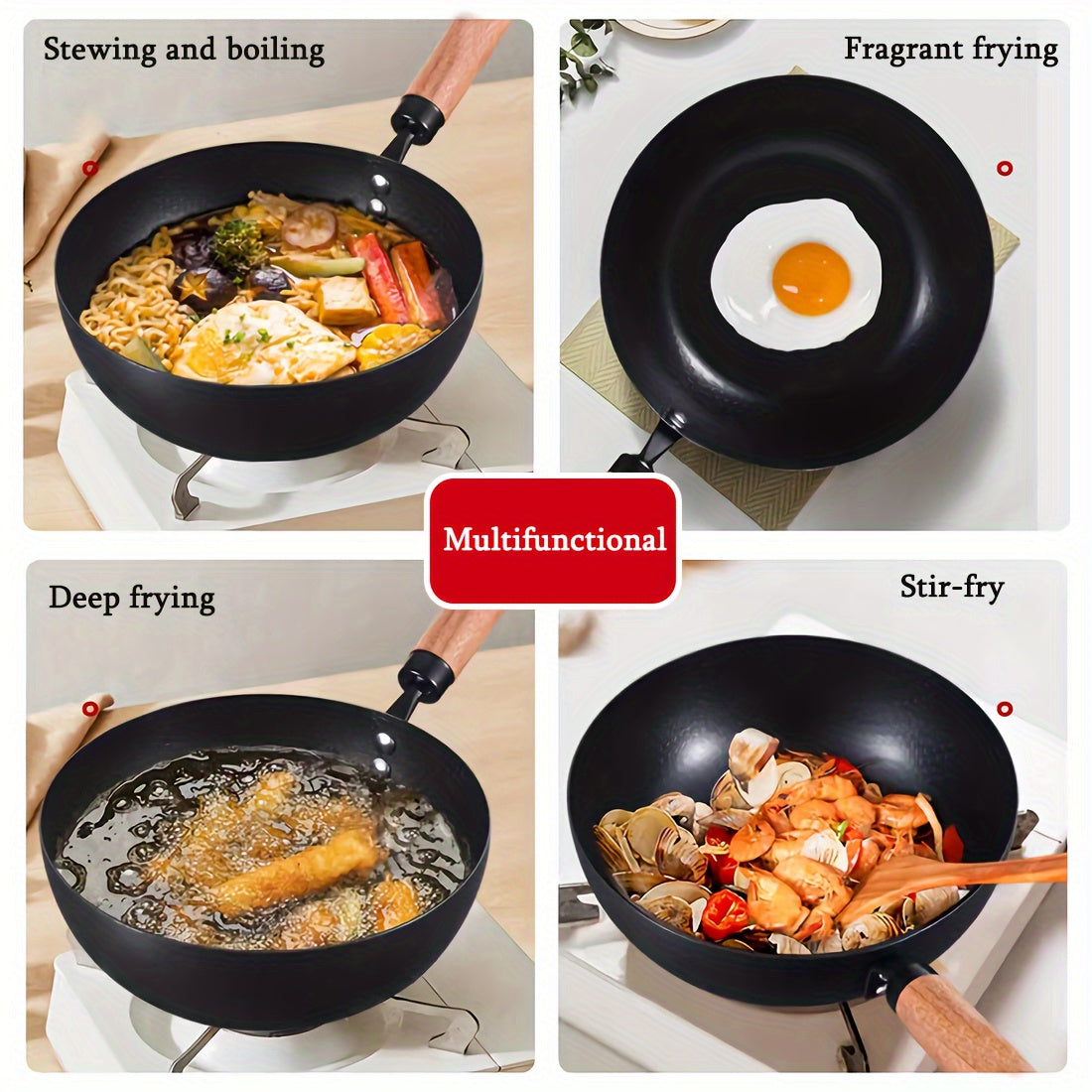 Cast Iron Wok with Wooden Handle for Stir Fry Deep Frying Uncoated Non-Stick