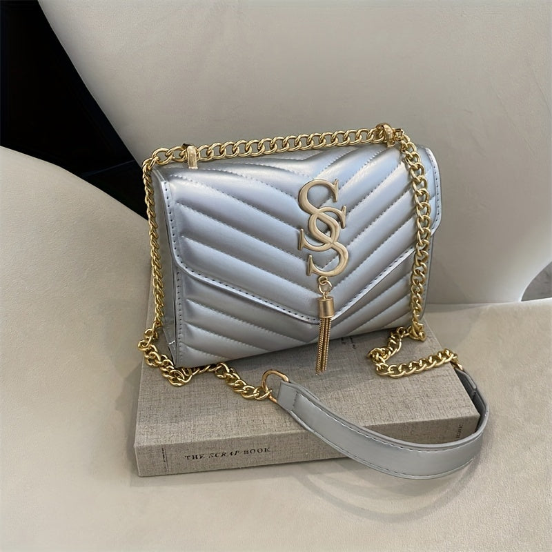 PU Chain Decorated V-Shaped Tassel Square Shoulder Bag