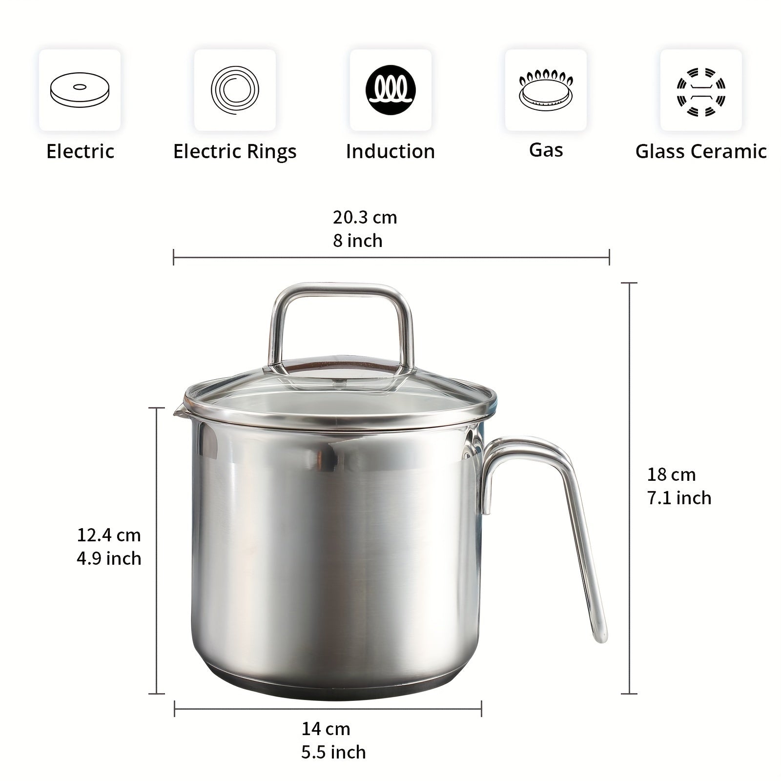 Stainless Steel 1.9L Saucepan with Glass Lid for Gas Electric and Induction Cooktops