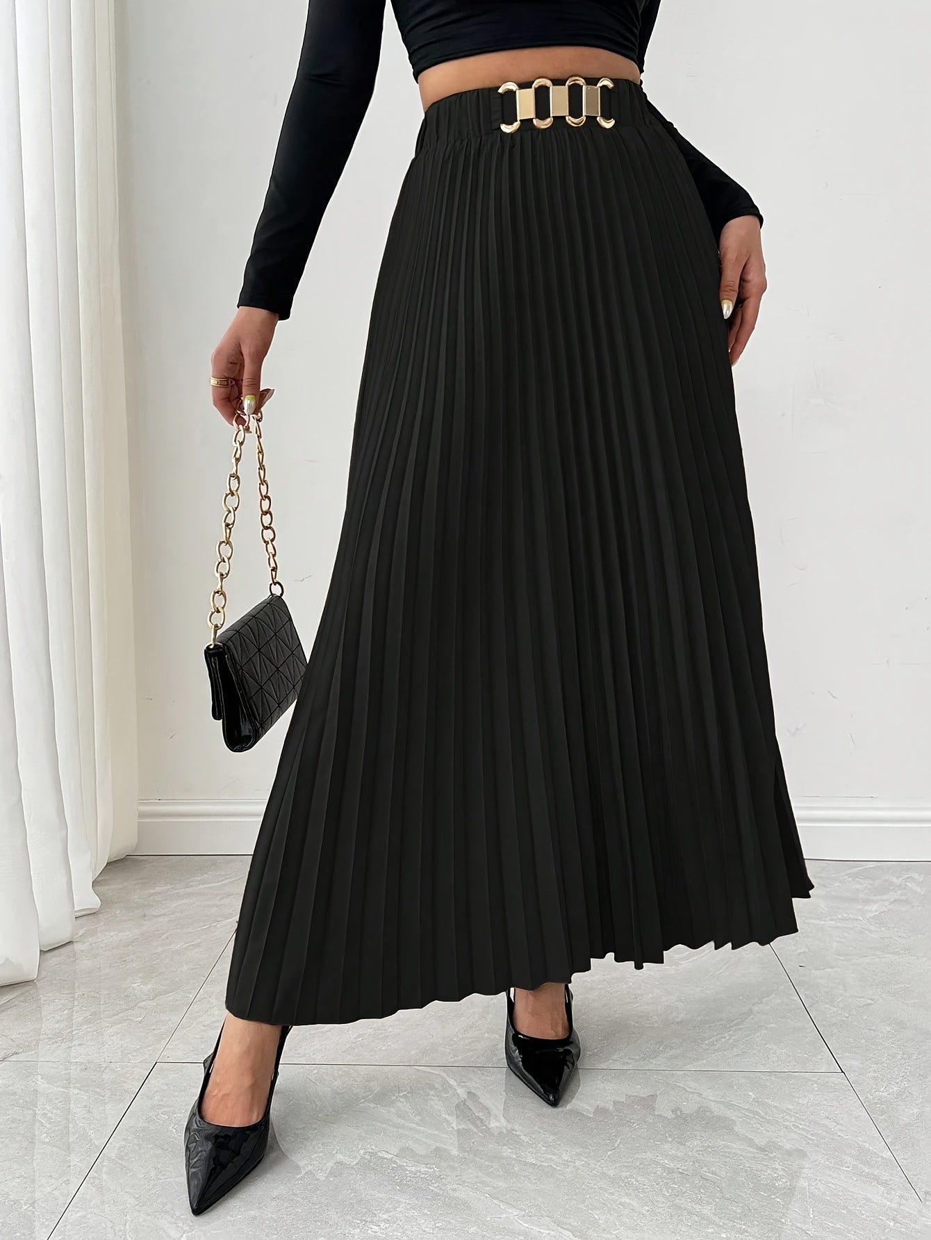Women's Black Pleated Midi Skirt with Chain Detail and Loose Fit