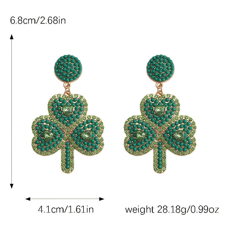 Green Clover Earrings for Women Beaded Rhinestones St. Patrick's Day Jewelry
