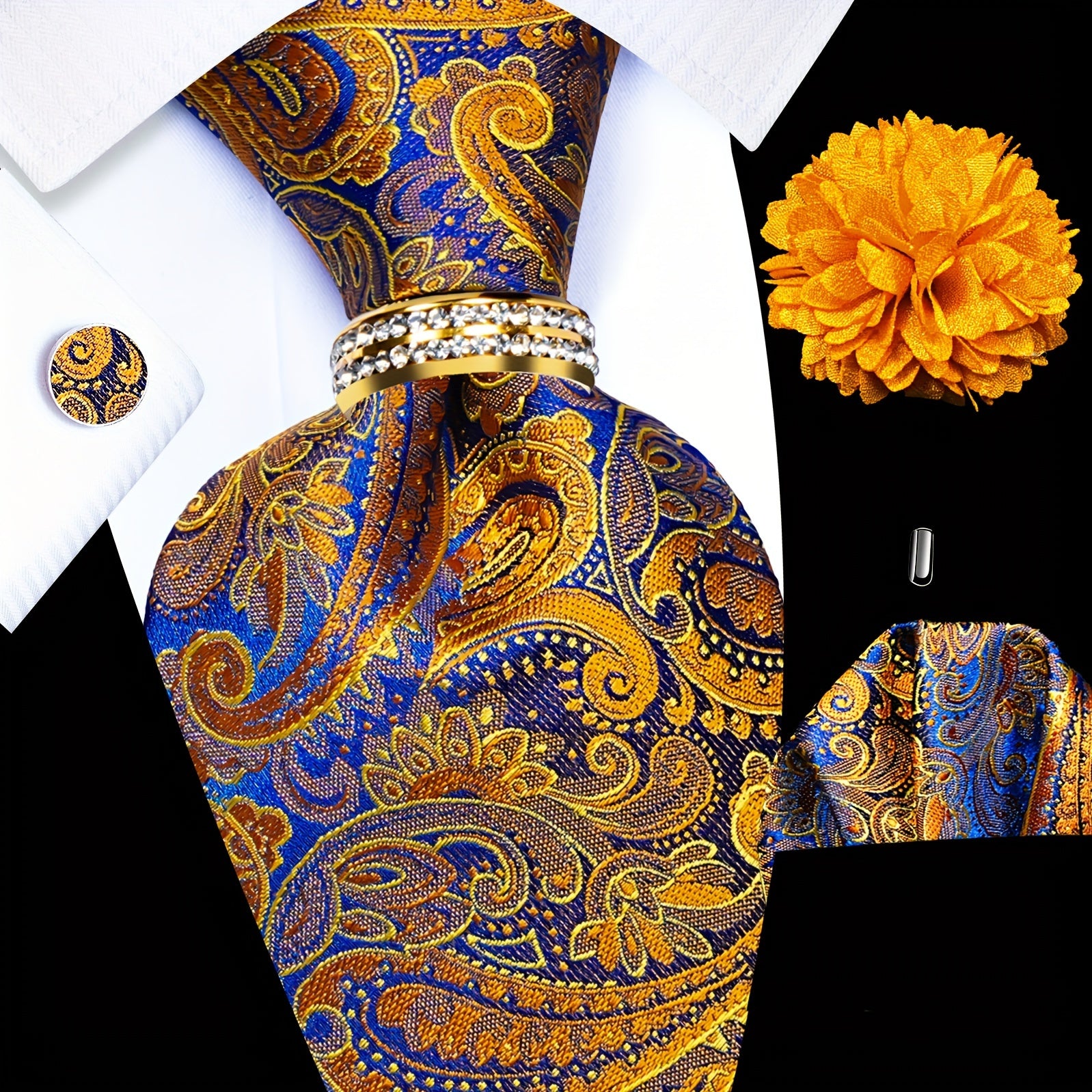 Men's Accessories Set Tie Pocket Square Cufflinks Lapel Pin Tie Ring for Wedding Groom